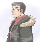  1boy black_hair black_jacket closed_mouth fur-trimmed_jacket fur_trim glasses heart highres jacket jewelry kamori_(kamori0107) long_sideburns looking_at_viewer male_focus mole mole_under_eye necklace purple_background red_sweater rimless_eyewear shiro_(housamo) short_hair sideburns smile solo sweater thick_eyebrows tokyo_afterschool_summoners 