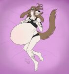  2021 andromorph anthro bed belly big_belly blush borzoi brown_hair canid canine canis clothing crop_top dansharkman domestic_dog eyewear facial_hair fur furniture glasses hair hi_res hunting_dog hyper hyper_belly hyper_pregnancy intersex looking_at_viewer lying mammal natey_(ritts) navel nonbinary_(lore) on_side outie_navel panties pregnant pregnant_intersex shirt sighthound smile solo tattoo topwear underwear white_body white_fur 