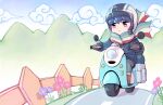  1girl absurdres bangs blue_coat blue_hair boots brown_footwear brown_gloves chibi coat day fence flower gloves ground_vehicle helmet highres its_just_suppi looking_away motor_vehicle motorcycle motorcycle_helmet outdoors parted_lips road scarf shima_rin short_hair shoshinsha_mark solo swept_bangs yurucamp 