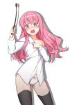  1girl ass_visible_through_thighs black_thighhighs blush bow bow_panties chromatic_aberration collared_shirt dress_shirt hair_between_eyes highres holding holding_riding_crop holding_wand long_hair long_sleeves louise_francoise_le_blanc_de_la_valliere off_shoulder open_mouth panties pink_eyes pink_hair shirt shirt_tug sidelocks simple_background surprised thighhighs underwear wand wavy_mouth white_background white_panties white_shirt yinyu_(yinyu1999) zero_no_tsukaima 