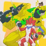  abs anthro armor bandai_namco betelgammamon biceps bulkmon codpiece digimon digimon_ghost_game dumbbell duo exercise headgear helmet hi_res kubota_keita male muscular muscular_anthro muscular_male pecs red_body weightlifting weights workout yellow_body 