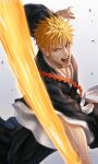  1boy black_kimono bleach blonde_hair highres holding holding_weapon japanese_clothes kimono kurosaki_ichigo open_mouth pectorals shikai shinigami short_hair spiked_hair teeth wandzardeen weapon wide_sleeves yellow_eyes 