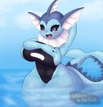  abs anthro big_breasts blue_body blue_eyes blue_fur blush bodily_fluids breasts clothing digital_media_(artwork) eeveelution eyelashes fangs female fish_tail fur generation_1_pokemon glistening glistening_body glistening_skin hi_res humanoid multicolored_body multicolored_fur nintendo open_mouth pokemon pokemon_(species) scales sea snowyblue1 solo spikes steam surprise sweat swimwear thick_thighs two_tone_body two_tone_fur vaporeon video_games water water_drop watermark wet 