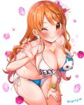  1girl ;) bikini blush breasts claw_pose cleavage closed_mouth commentary_request dress earrings flower gem hair_flower hair_ornament hand_on_own_knee jewelry large_breasts looking_at_viewer nail_polish nami_(one_piece) navel one_eye_closed one_piece orange_eyes orange_hair print_bikini s_sasaki_09140 side-tie_bikini_bottom simple_background smile solo standing swimsuit twitter_username white_background white_bikini 