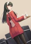  1girl 2022 :d black_pantyhose dress dutch_angle green_hair hairband long_hair long_sleeves looking_at_viewer looking_back miyai_sen open_mouth pantyhose profile red_eyes red_sweater shiny shiny_hair smile solo spy_x_family sweater sweater_dress white_hairband yor_briar 