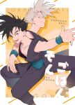  1boy black_hair blonde_hair character_name closed_mouth copyright_name dougi dragon_ball dragon_ball_z dual_persona highres male_focus muscular muscular_male open_mouth s_3u sash short_hair smile son_gohan super_saiyan super_saiyan_1 wristband 