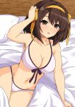  1girl bangs bikini breasts brown_eyes brown_hair cleavage collarbone commentary_request hair_ribbon hairband hand_on_own_head haruhisky highres large_breasts looking_at_viewer medium_hair navel on_bed pillow ribbon sitting solo suzumiya_haruhi suzumiya_haruhi_no_yuuutsu sweatdrop swimsuit white_bikini yellow_hairband yellow_ribbon 