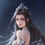  1girl aathenes_luo_guo back_cutout black_background black_hair closed_mouth clothing_cutout dress earrings expressionless from_side hair_ornament highres jewelry long_hair looking_at_viewer lu_xueqi_(zhu_xian) shiny shiny_hair solo upper_body white_dress zhu_xian 