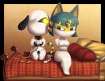  animal_crossing ankha_(animal_crossing) anthro balls bdsm bed bondage bound breasts canid canine canis chain chain_leash chained_to_bed chastity_cage chastity_device collar domestic_cat domestic_dog duo felid feline felis female furniture genitals hi_res kneeling leash lucky_(animal_crossing) male male/female mammal mummification mummy_wrappings nintendo one_eye_obstructed pillow radasus sitting video_games 