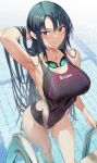  1girl absurdres arm_behind_head armpits arms_up bangs bare_arms bare_shoulders black_eyes black_hair blush breasts collarbone competition_swimsuit covered_navel day goggles goggles_around_neck grin hand_in_own_hair highres hiiragi_yuuichi holding large_breasts long_hair looking_at_viewer multicolored_clothes multicolored_swimsuit one-piece_swimsuit original parted_bangs pool pool_ladder smile solo sparkle swimsuit text_print thighs very_long_hair wading water wet wet_clothes wet_hair wet_swimsuit 