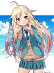  1girl antenna_hair blonde_hair blue_jacket blue_necktie blue_skirt blue_sky buttons cardigan cevio closed_mouth cloud collared_shirt cowboy_shot gradient_hair hair_flaps hands_up highres ia_(vocaloid) jacket legs_apart long_hair long_sleeves miniskirt multicolored_hair necktie open_clothes open_jacket pink_eyes pink_hair plaid plaid_necktie plaid_skirt pleated_skirt puchiman shirt skirt sky sleeves_past_wrists smile solo twitter_username two-tone_hair v-shaped_eyebrows vocaloid white_shirt 