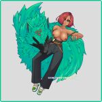  big_breasts breasts canid canine canis clothed clothing duo female feral fur giovanna_(guilty_gear) green_body green_fur guilty_gear hair hi_res human mammal partially_clothed red_hair slimedhearts(artist) solo wolf 