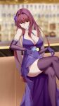  1girl absurdres akilv bar bar_stool breasts choker cleavage cocktail_glass crossed_legs cup dress drink drinking_glass elbow_gloves fate/grand_order fate_(series) flower gloves hair_flower hair_ornament highres indoors large_breasts long_hair looking_at_viewer purple_dress purple_gloves purple_hair red_eyes scathach_(fate) scathach_(formal_dress)_(fate) solo stool thighhighs 