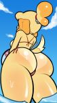  2022 animal_crossing anthro bikini breasts butt butt_focus canid canine canis clothed clothing domestic_dog female fur hi_res isabelle_(animal_crossing) low-angle_view mammal nintendo partially_submerged rear_view shih_tzu side_boob solo standing swimwear tdtbaa toy_dog video_games wet yellow_body yellow_fur 