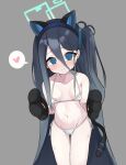  1girl @_@ absurdres animal_ear_headwear animal_hands arisu_(blue_archive) bikini black_hair blue_archive blue_eyes blush breasts cat_tail commentary_request gloves groin halo heart highres long_hair navel paw_gloves pepsi2330 small_breasts solo speech_bubble spoken_heart sweat swimsuit tail white_bikini 