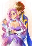  1boy 1girl asymmetrical_bangs bangs black_gloves blue_jacket blush border breasts brown_hair cleavage closed_eyes code_geass couple dress euphemia_li_britannia frilled_sleeves frills gloves hair_between_eyes hetero highres holding_hands hug hug_from_behind jacket kururugi_suzaku large_breasts long_hair looking_at_viewer military_jacket pink_eyes pink_hair purple_dress short_hair smile tibino two-tone_dress white_dress white_sleeves 