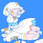 1girl apron arm_up back_bow bandaid bandaid_on_face bandaid_on_leg bandaid_on_nose blue_background bow breasts buttons corset crack egg egg_(food) fallen_down frilled_shirt frills gloves headphones highres joints looking_at_viewer maid_headdress neck_ribbon original puffy_short_sleeves puffy_sleeves radio_antenna ribbon robot robot_joints roller_skates shirt short_hair short_sleeves sitting skates skirt striped teardrop vertical_stripes waist_apron wariza wavy_mouth white_bow white_footwear white_gloves white_hair white_shirt white_skirt yellow_bow yellow_eyes yellow_ribbon yoineko 