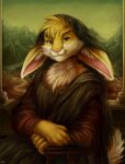  2019 anthro brown_eyes chair chibity clothed clothing detailed_background dress ears_down fluffy fur furniture headgear headwear hi_res inner_ear_fluff inspired_by_formal_art lagomorph landscape leporid looking_at_viewer male mammal mona_lisa_(artwork) pivoted_ears rabbit sitting solo tuft yellow_body yellow_fur 