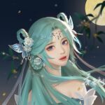  1girl artist_request back bare_shoulders blue_eyes blue_hair branch closed_mouth douluo_dalu earrings falling_petals hair_ornament hair_rings highres jewelry long_hair looking_back moon night petals portrait second-party_source smile solo tang_wutong_(douluo_dalu) 