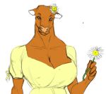  4_fingers anthro big_breasts bovid bovine breasts brown_eyes cattle cleavage clothed clothing daisy_(flower) dress female fingers flower low_res mammal mike_griffon muscular muscular_anthro muscular_female nipple_outline object_behind_ear pink_nose plant solo 