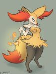  2022 4_fingers anthro areola big_ears biped braixen breasts cheek_tuft chest_tuft claws countershade_face countershading digital_media_(artwork) digitigrade dipstick_tail ear_tuft eyelashes facial_tuft female finger_claws fingers fire fluffy fluffy_tail generation_6_pokemon grey_background hand_on_hip hi_res looking_at_viewer markings navel nintendo nipples pink_areola pink_nipples pokemon pokemon_(species) schmutzo shoulder_tuft signature simple_background small_breasts solo tail_markings tuft twig video_games white_body white_countershading 