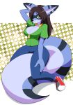  absurd_res anthro big_tail blue_body blue_fur bottomwear breasts brown_eyes brown_hair cleavage clothed clothing denim denim_clothing female fur hair hi_res jeans kojiro-brushard long_hair malkai_(malkaiwot) mammal pants procyonid raccoon sitting_on_tail solo zipper 