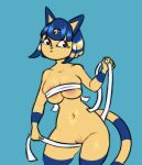  5_fingers animal_crossing ankha_(animal_crossing) anthro areola areola_slip bandage belly big_breasts black_eyes blue_background blue_body blue_fur blue_hair bodily_fluids breast_squish breasts curvaceous curvy_figure domestic_cat eyelashes felid feline felis female fingers fur genitals glistening glistening_belly glistening_body glistening_breasts glistening_eyes glistening_hair glistening_legs hair hi_res holding_object hourglass_figure long_tail looking_at_viewer looking_away mammal markings multicolored_body multicolored_fur navel nintendo nude pussy ranillopa simple_background solo squish standing striped_markings striped_tail stripes sweat tail_markings thick_thighs uraeus video_games voluptuous wide_hips yellow_body yellow_eyes yellow_fur yellow_nose 