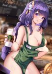  1girl apron banana bangs bare_arms bare_shoulders blurry blurry_background blush breasts cleavage coffee_cup collarbone commentary cowboy_shot cup disposable_cup english_commentary food fruit genshin_impact green_apron grin groin hair_ornament highres holding holding_cup indoors large_breasts long_braid long_hair looking_at_viewer mole mole_under_eye nail_polish naked_apron purple_eyes purple_hair purple_nails raiden_shogun smile solo squchan standing starbucks thighs very_long_hair 