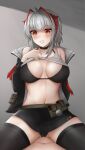  1girl absurdres antenna_hair arknights bare_shoulders black_bra black_choker black_jacket black_panties black_skirt black_thighhighs blush bra breasts choker clothes_lift collarbone cowgirl_position girl_on_top grey_background grey_hair grey_shirt hetero highres horns jacket large_breasts lifted_by_self long_sleeves miniskirt mouth_hold multicolored_hair namikare navel open_clothes open_jacket panties pantyshot parted_lips pouch red_eyes red_hair shirt shirt_lift short_hair simple_background skirt slit_pupils smile solo spread_legs stomach straddling thighhighs two-tone_hair underwear upskirt w_(arknights) 