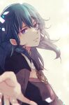  1girl bangs blue_eyes blue_hair blurry blurry_foreground byleth_(fire_emblem) byleth_(fire_emblem)_(female) closed_mouth fire_emblem fire_emblem:_three_houses floating_hair from_side hair_between_eyes highres long_hair looking_at_viewer nakaya_(drwh7757) solo twitter_username upper_body 