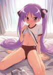  1girl arm_support ass_visible_through_thighs bangs barefoot bed blush bow breasts brown_bow buruma closed_mouth clothes_lift collarbone commentary_request furrowed_brow groin hair_between_eyes hair_bow hair_ornament highres hiiragi_kagami hotaru_iori ichimi_renge indoors lifted_by_self long_hair looking_at_viewer lotion_bottle lucky_star purple_eyes purple_hair red_buruma school_uniform second-party_source shiny shiny_skin shirt shirt_lift short_sleeves sitting small_breasts solo straight_hair tan tanlines tsurime twintails very_long_hair wariza wavy_mouth white_curtains white_shirt 