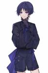  1boy alternate_costume blue_eyes blue_hair blue_shorts earrings genshin_impact gloves highres jewelry long_sleeves puffy_sleeves scaramouche_(genshin_impact) sgm618 short_hair shorts simple_background single_earring smile solo white_background 