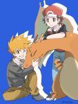  2boys absurdres bangs blue_background blue_oak brown_hair brown_pants charizard closed_mouth commentary_request grey_jacket grin hat highres jacket jayj_824 jewelry male_focus multiple_boys necklace one_eye_closed orange_hair pants pokemon pokemon_(creature) pokemon_(game) pokemon_hgss red_(pokemon) red_headwear shoes short_hair smile 