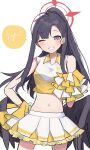  1girl black_hair blue_archive cheerleader choker commentary_request english_text grey_eyes grin halo highres ichika_(blue_archive) long_hair midriff navel one_eye_closed pleated_skirt pom_pom_(cheerleading) ponytail skirt smile solo speech_bubble wotakana_s 