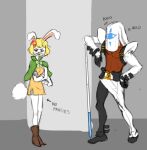  anthro belt blonde_hair boots bow_accessory carrot_(one_piece) clothed clothing cosplay costume cross-popping_vein dark_body dark_skin duo female fluffy fluffy_tail footwear fur gloves hair handwear lagomorph leporid long_hair male male/female mammal mike_griffon muscular muscular_male one_piece rabbit simple_background sketch slim standing straps text venom_(guilty_gear) white_body white_fur white_hair 