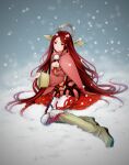  1girl boots braid breasts cleavage cloak closed_mouth dress french_braid full_body fur-trimmed_boots fur_trim head_wings highres ikenie_to_yuki_no_setsuna knee_boots long_hair long_sleeves pantyhose pom_pom_(clothes) puchiman red_eyes red_hair red_ribbon ribbon setsuna_(i_am_setsuna) short_dress sitting small_breasts snow snowing solo very_long_hair white_pantyhose wide_sleeves yokozuwari 