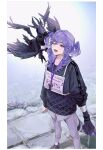  1girl absurdres black_footwear black_sweater braid creature creature_on_shoulder dragon dragon_girl dragon_tail fangs head_wings highres lanyard letterboxed looking_up muzzle nijisanji nijisanji_en on_shoulder one_eye_closed open_mouth pants purple_eyes purple_hair purple_pants safety_pin selen_tatsuki shoes smile sneakers solo_focus sweater tail twin_braids yktoo_ns 