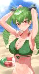  1girl anchovy_(girls_und_panzer) armpits arms_behind_head arms_up beach bikini black_ribbon blush breasts brown_eyes cleavage collarbone day drill_hair girls_und_panzer green_hair grin hair_ribbon highres innertube italian_flag_bikini large_breasts long_hair looking_at_viewer mamaa_(maeni6379) navel outdoors ribbon smile solo swimsuit teeth twin_drills upper_body 