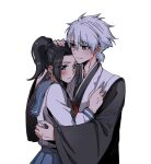  1boy 1girl aqua_eyes black_hair bleach bleach:_sennen_kessen-hen blue_sailor_collar blue_skirt commentary_request frown haori headpat hetero high_ponytail highres hitsugaya_toushirou hug japanese_clothes kurosaki_karin pleated_skirt ponytail sailor_collar school_uniform serafuku shihakusho silegesi skirt smile taichou_haori white_hair wide_sleeves 