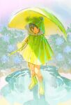 1boy absurdres animal_hood black_eyes black_hair blue_flower blunt_bangs blush boots bowl_cut buttons commentary_request eyelashes flower frog_hood full_body green_boots green_jacket green_umbrella highres holding holding_umbrella hood hood_up hooded_jacket jacket korean_commentary looking_at_viewer m0_mo_momo naruto_(classic) naruto_(series) outdoors parted_lips puddle rain rock_lee short_hair solo thick_eyebrows umbrella 
