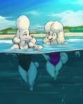 20th_century_fox anthro black_clothing black_swimwear canid canine canis city city_background clothing delores_(paw_patrol) diacordst domestic_dog duo female fully_submerged happy hi_res honey_(housebroken) housebroken looking_at_another mammal nickelodeon one-piece_swimsuit paw_patrol pink_clothing pink_swimwear poodle swimming swimwear water