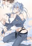  2boys :d alternate_costume arched_back belt black_belt blue_gem blue_hair blush brown_hair collared_shirt covered_eyes crop_top denim denim_jacket edmond_(nu_carnival) eiden_(nu_carnival) floating_hair gem groin hair_between_eyes heart high_ponytail highres hip_strap holding_another's_wrist holding_hands indoors interlocked_fingers jacket jeans jewelry kneeling long_hair long_sleeves looking_at_another male_focus midriff multiple_boys nu_carnival off-shoulder_jacket off_shoulder on_bed open_belt open_mouth out_of_frame pants peanut_mouth pectoral_cleavage pectorals pillow ponytail ring shirt short_hair smile spaghetti_strap spoken_heart tank_top toe_scrunch v-shaped_eyebrows white_shirt white_tank_top yaoi yellow_background your_yanjiu 