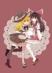  2girls alternate_costume apron asymmetrical_legwear blonde_hair boots bow bowtie braid brown_boots brown_bow brown_bowtie brown_eyes brown_hair brown_hat brown_thighhighs checkerboard_cookie_hair_ornament chinese_commentary closed_mouth commentary_request cookie_hair_ornament detached_sleeves dress food-themed_clothes food-themed_hair_ornament food_request frilled_bow frilled_hair_tubes frills full_body hair_bow hair_ornament hair_tubes hakurei_reimu hat highres iwakoo kirisame_marisa kneehighs lace-up_boots long_hair looking_at_viewer mismatched_legwear multiple_girls open_mouth pink_dress platform_sandals red_bow red_bowtie ribbon-trimmed_sleeves ribbon_trim sandals side_braid simple_background single_braid smile socks sprinkles star_(symbol) thighhighs touhou very_long_hair waist_apron white_apron white_socks witch_hat wrist_cuffs yellow_eyes 