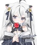  1girl ahoge animal_ear_fluff animal_ears artist_name bare_shoulders bell black_hair blue_eyes blush candy_apple closed_mouth commission food hair_bell hair_ornament jingle_bell looking_at_viewer measho multicolored_hair original solo streaked_hair two-tone_hair upper_body white_hair 