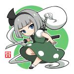  1girl artist_logo black_bow black_bowtie black_hairband black_shoes blue_eyes blunt_bangs blunt_ends blush bow bow_hairband bowtie chibi chibi_only closed_mouth collared_shirt commentary full_body green_background green_skirt green_vest grey_hair hairband highres holding holding_sword holding_weapon katana konpaku_youmu konpaku_youmu_(ghost) logo nene_(kuroear99) outline sheath shirt shoes short_hair short_sleeves skirt skirt_set socks solo standing standing_on_one_leg sword touhou v-shaped_eyebrows vest weapon white_outline white_shirt white_socks 