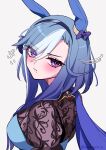  1girl :t absurdres admire_groove_(umamusume) black_bow blue_cape blue_hair blush bow cape closed_mouth commentary_request ear_bow ear_covers highres horse_girl looking_at_viewer mole mole_under_mouth multicolored_hair nitsu_(nitsuni2_2) purple_eyes short_hair short_hair_with_long_locks sidelocks solo streaked_hair turning_head umamusume upper_body white_hair white_streaks 