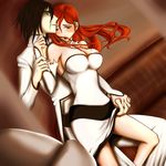  arrancar black_hair bleach breasts bridal_gauntlets brown_eyes cleavage detached_sleeves green_eyes highres inoue_orihime long_hair open_mouth red_hair skirt skirt_pull torn_clothes torn_clothing ulquiorra_cifer ulquiorra_schiffer xmath0522 