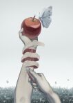  1other absurdres ambiguous_gender apple boxcutter bug butterfly commentary_request cuts food fruit guro hand_focus highres holding holding_food holding_fruit holding_razor injury o0hiiro0o original other_focus outdoors peeling_skin pov pov_hands razor self-harm solo symbolism wrist_cutting 