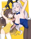  2girls animal_ears anya_melfissa black_pantyhose blue_eyes blush_stickers bow bowtie breasts brown_hair covered_navel detached_collar grey_hair highres hololive hololive_indonesia jitome large_breasts long_hair multiple_girls pantyhose pavolia_reine playboy_bunny purple_eyes rabbit_ears rabbit_tail small_breasts smile tail thighhighs twitter_username virtual_youtuber white_thighhighs wrist_cuffs yellow_background yuuta_(yuuta0361) 