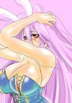  1girl animal_ears areola_slip areolae armpits arms_up bare_shoulders breasts bunny_ears cleavage corset curvy danna_(karatekikku) danna_(pixiv) female hands_on_head huge_breasts laces large_breasts long_hair no_bra purple_hair red_eyes reisen_udongein_inaba simple_background solo standing touhou upper_body very_long_hair wavy_hair 